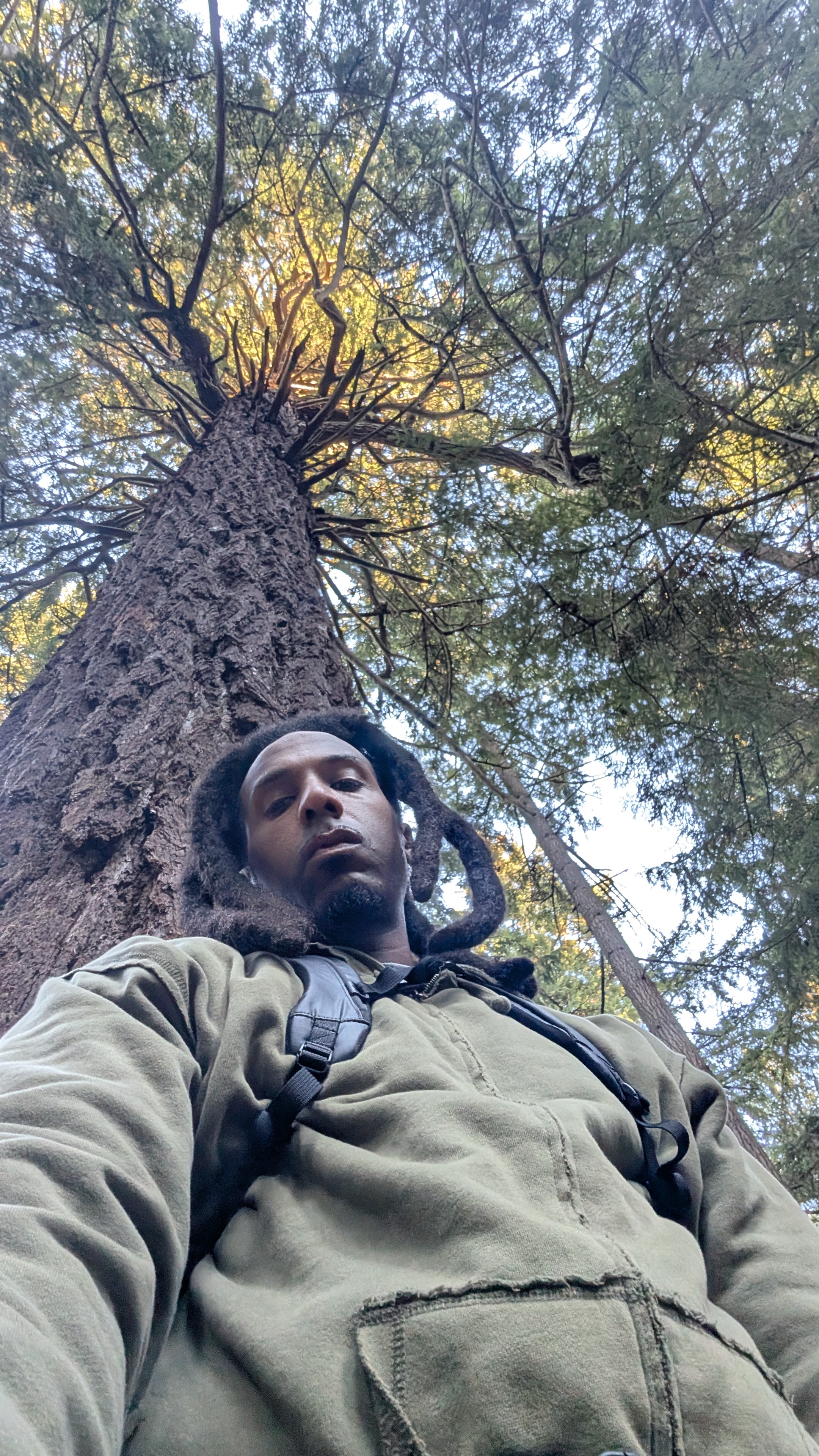 Sam beneath the historic Mountaineer Tree at Point Defiance Park